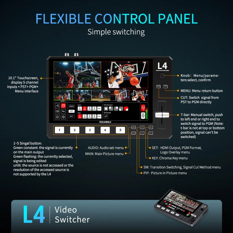 FEELWORLD L4 Multi-Camera Video Mixer Switcher 10.1" Touch Screen USB 3.0 Fast Streaming(UK Plug)