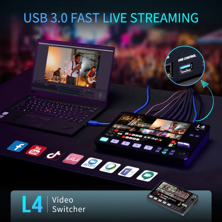 FEELWORLD L4 Multi-Camera Video Mixer Switcher 10.1" Touch Screen USB 3.0 Fast Streaming(UK Plug)