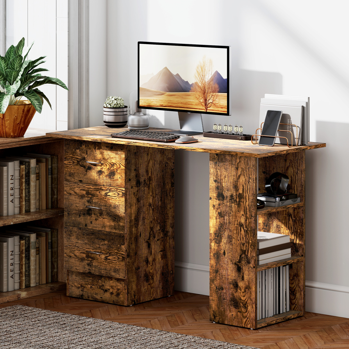 HOMCOM 120cm Computer Desk, Study Table with 3 Shelf & Drawers, Grey - TOYFACTORY