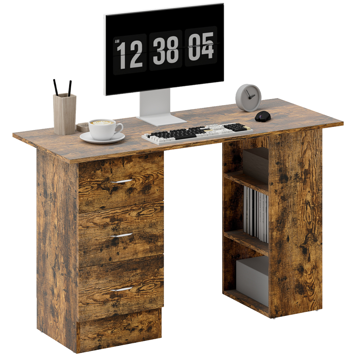 HOMCOM 120cm Computer Desk, Study Table with 3 Shelf & Drawers, Grey - TOYFACTORY