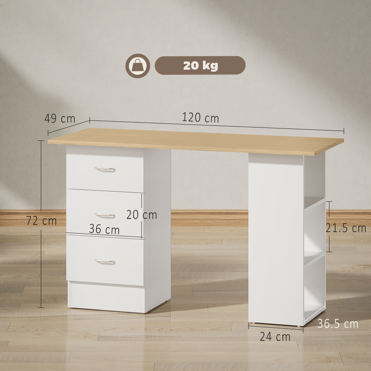 HOMCOM 120cm Computer Desk, Study Table with 3 Shelf & Drawers, Grey - TOYFACTORY