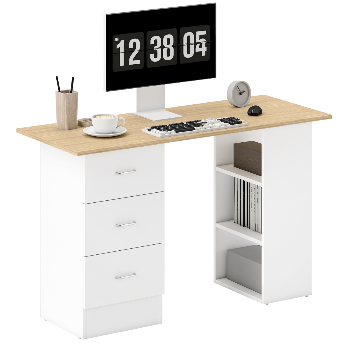 HOMCOM 120cm Computer Desk, Study Table with 3 Shelf & Drawers, Grey - TOYFACTORY