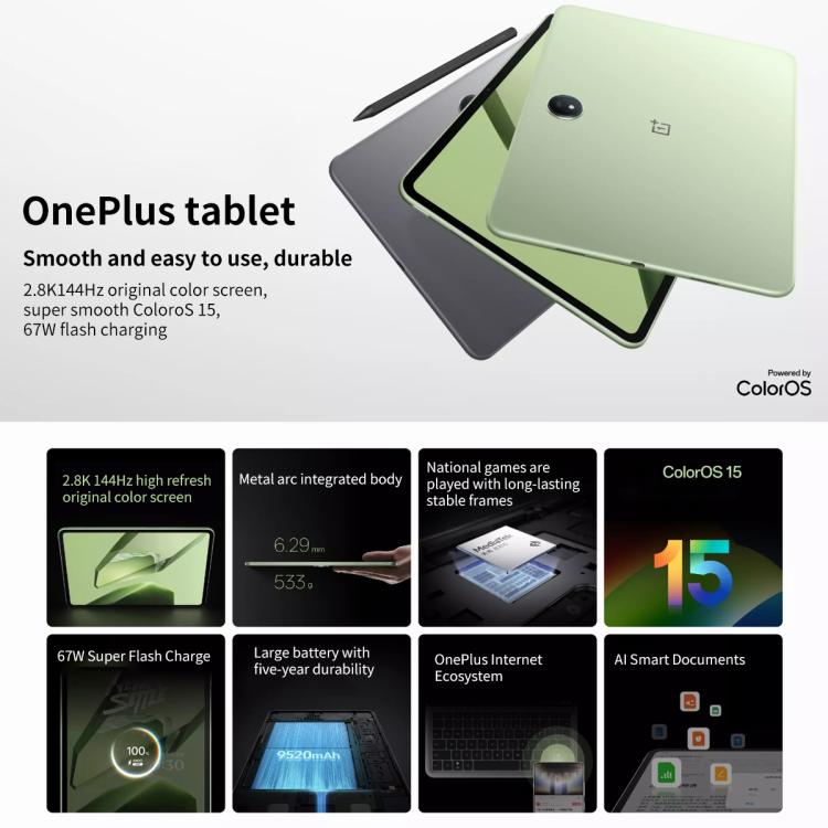 OnePlus Pad 11.61 inch Tablet PC, 12GB+512GB, ColorOS 15.0 Dimensity 8350 Octa Core, 12GB+512GB