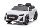 White Audi RS6 kids ride-on sports car by Electric Ride On Cars with MP4 TV for children to enjoy realistic driving fun.
