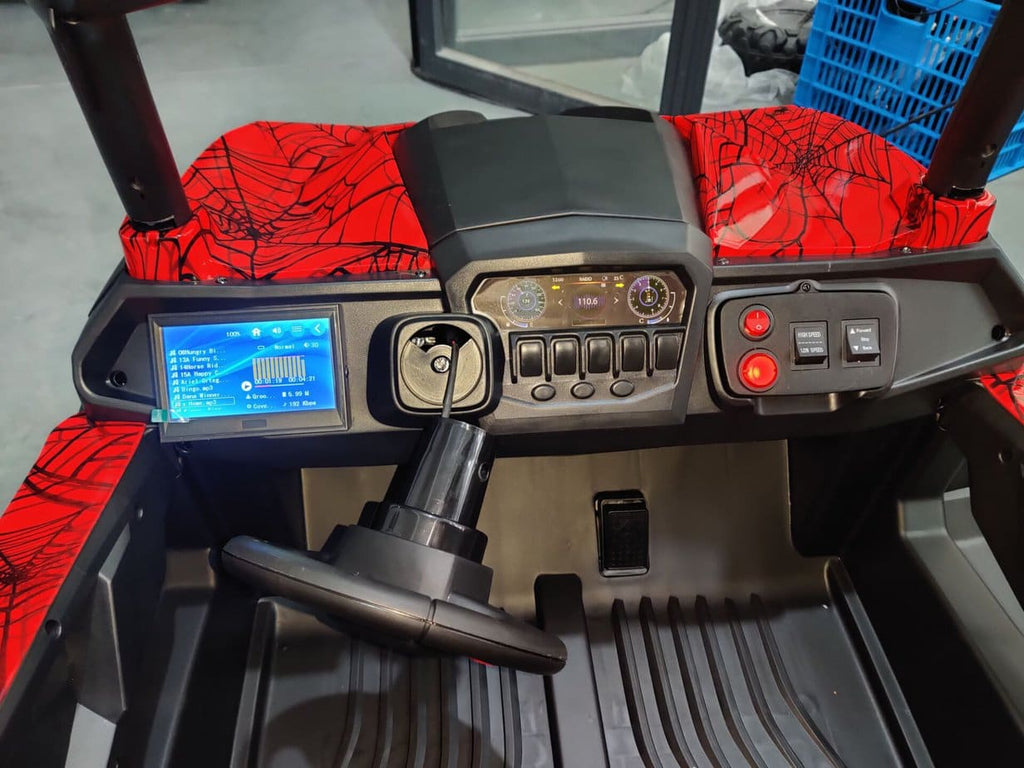 Kids ride-on UTV quad dashboard featuring MP4 player, branded Electric Ride On Cars, with colorful controls and steering wheel.