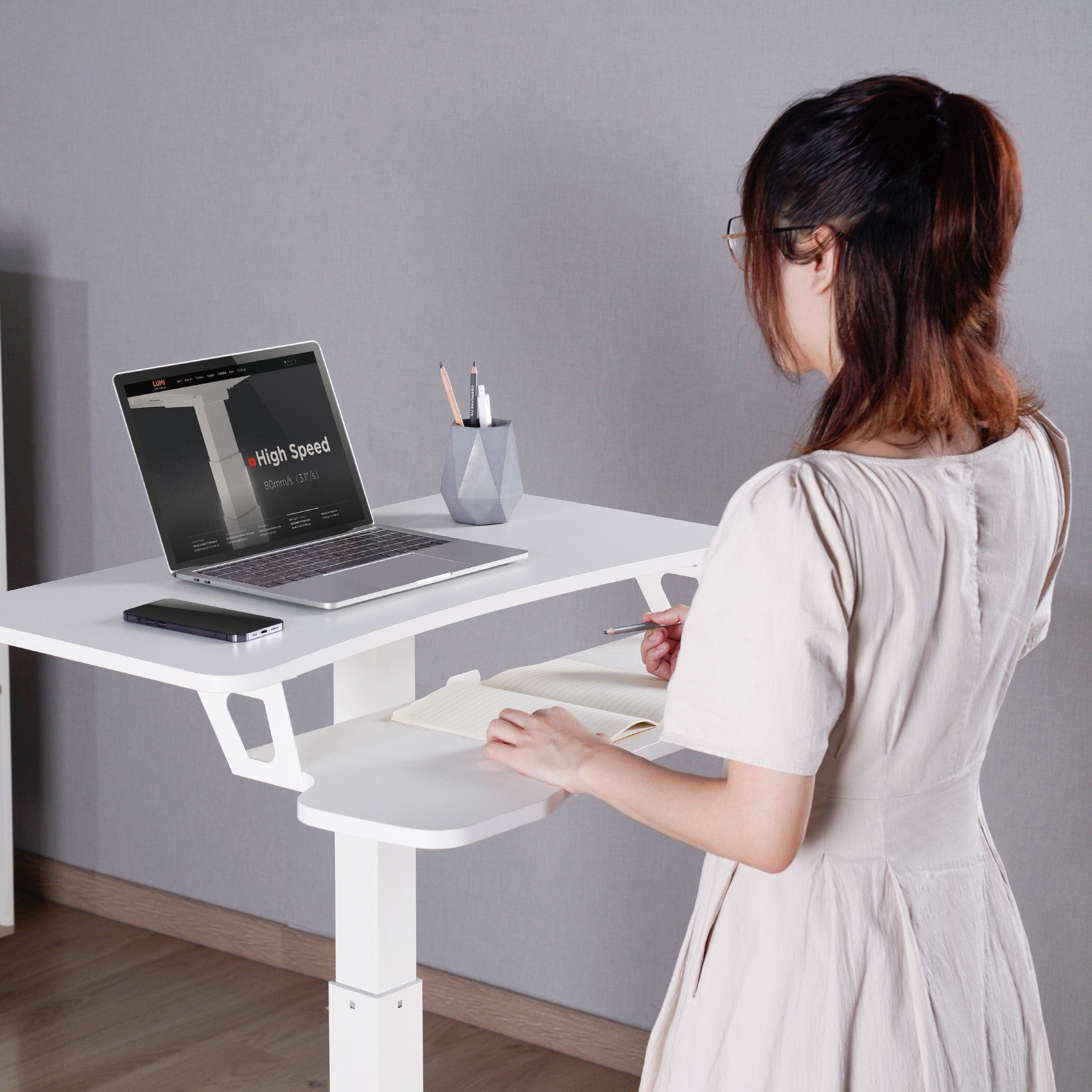 ProperAV Two Tier Mobile Desk Trolley Workstation with Gas Spring Height Adjustment - White - TOYFACTORY