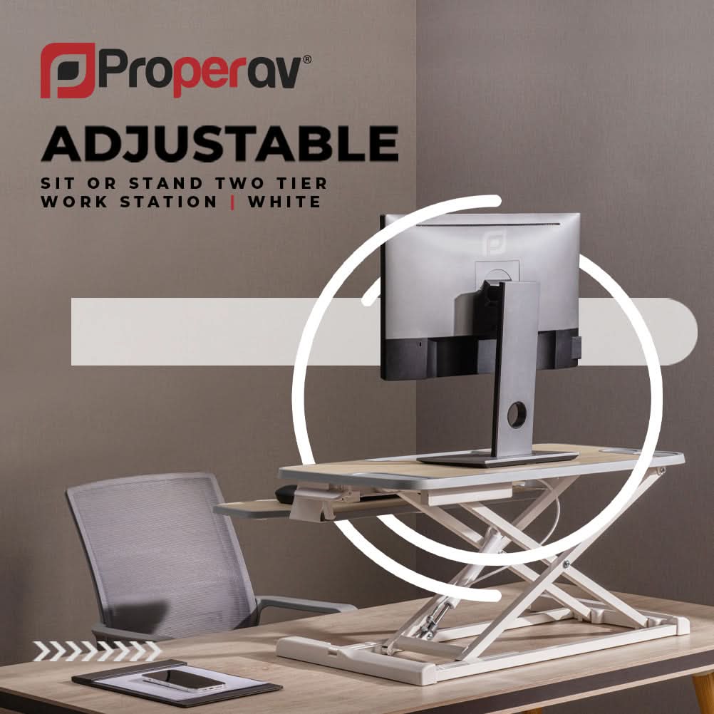 ProperAV Two Tier Stand Up Desk Converter Worktop with Gas Spring Lift & Variable Height Settings - White - TOYFACTORY