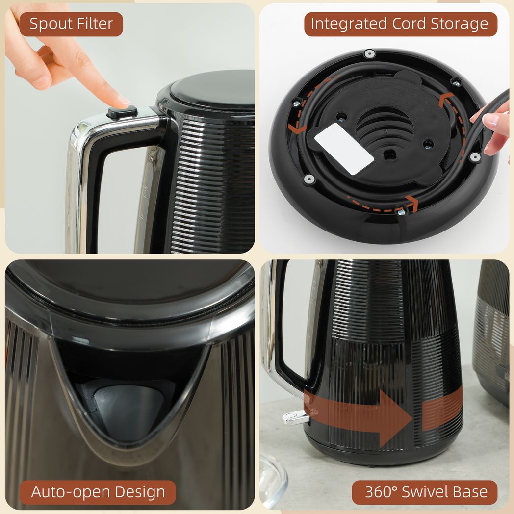 HOMCOM 1.7L Fast Boil Electric Kettle and 2 Slice Water Toaster Set - TOYFACTORY