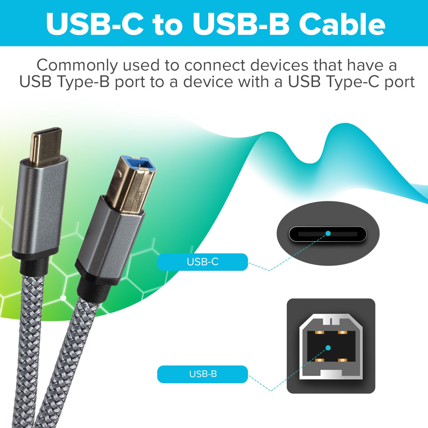 Maplin USB-C to USB-B Braided Cable - Grey, 5m - TOYFACTORY