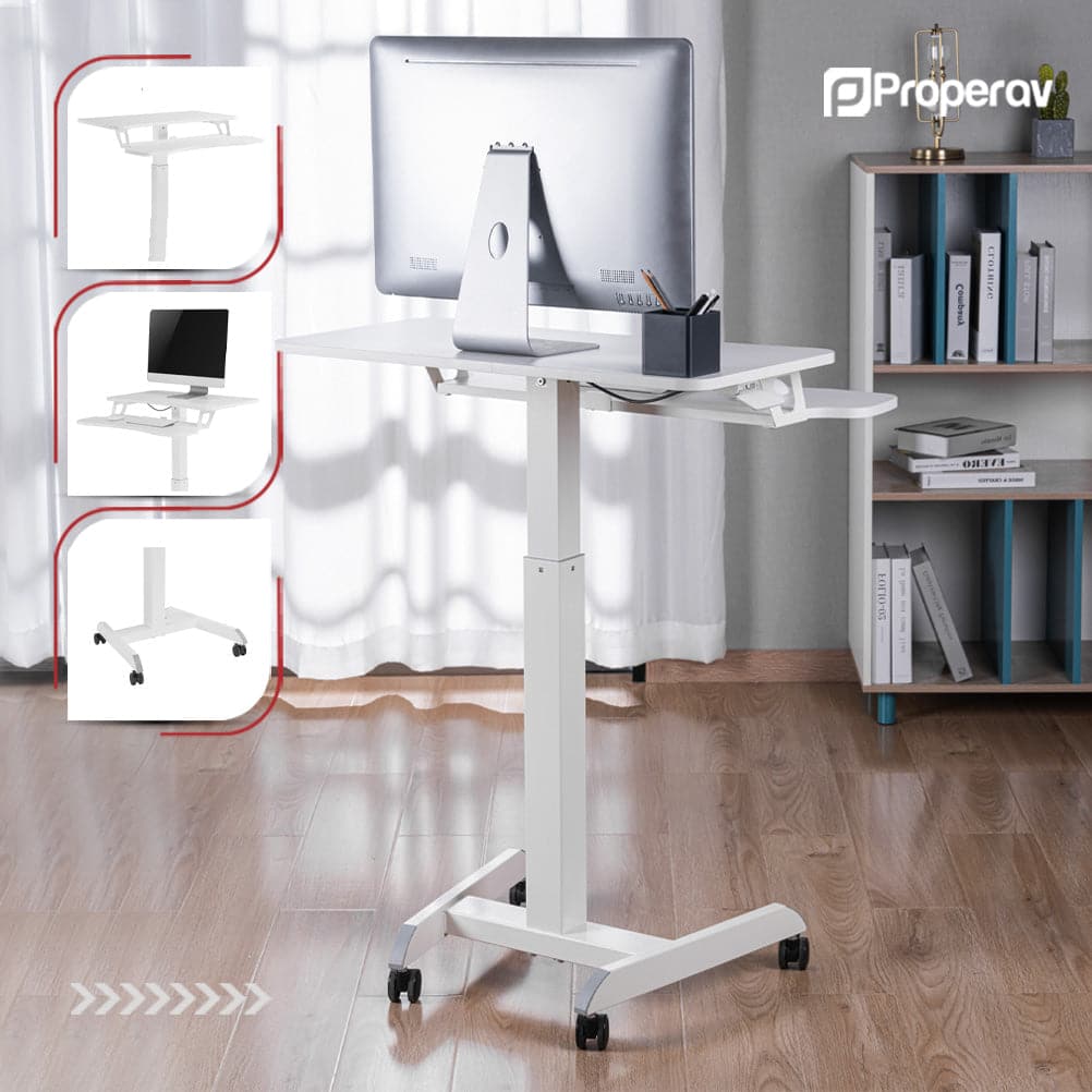 ProperAV Two Tier Mobile Desk Trolley Workstation with Gas Spring Height Adjustment - White - TOYFACTORY