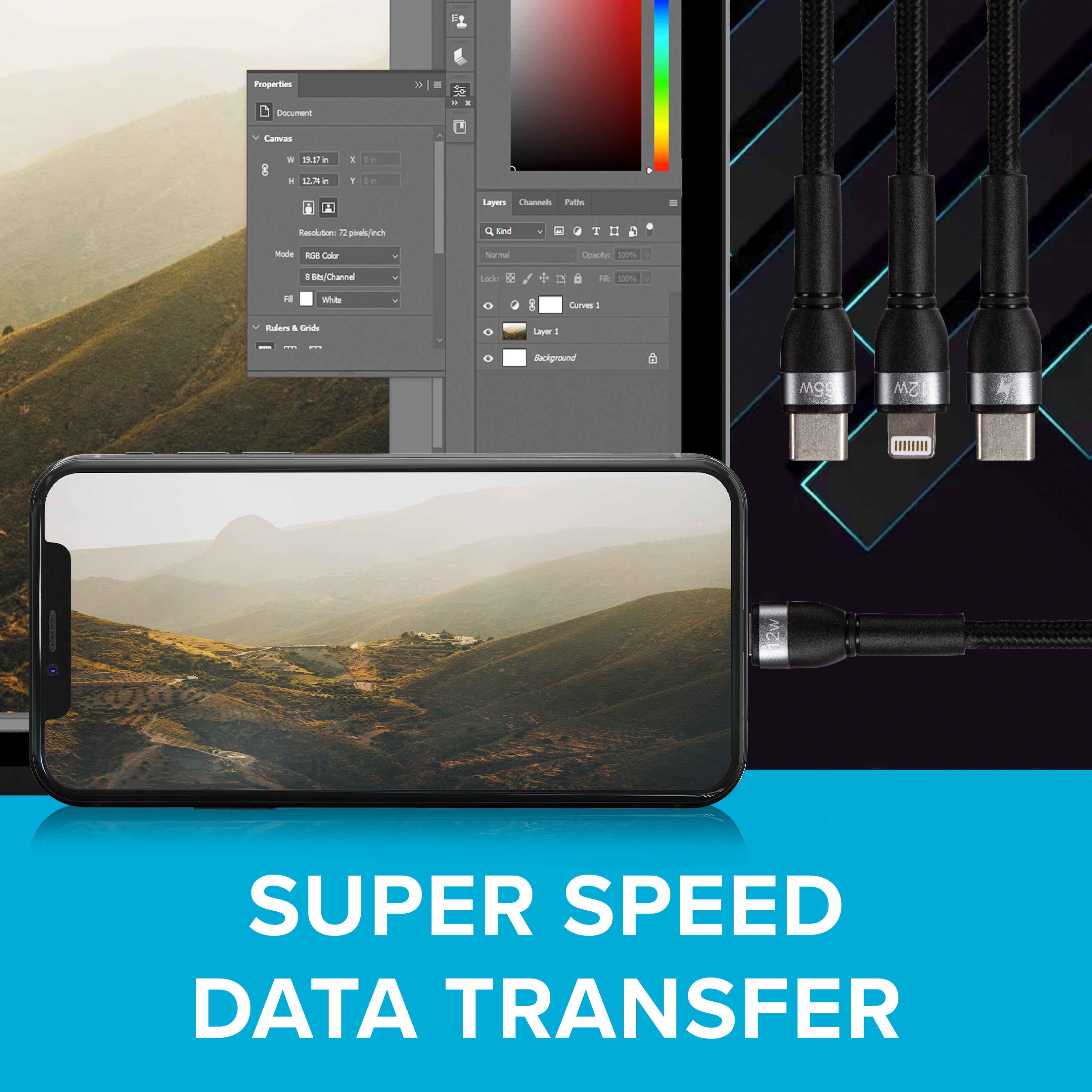 Maplin 2-in-1 USB-C to Multi-Charging USB-C 65W & Lightning 12W Braided Cable - TOYFACTORY