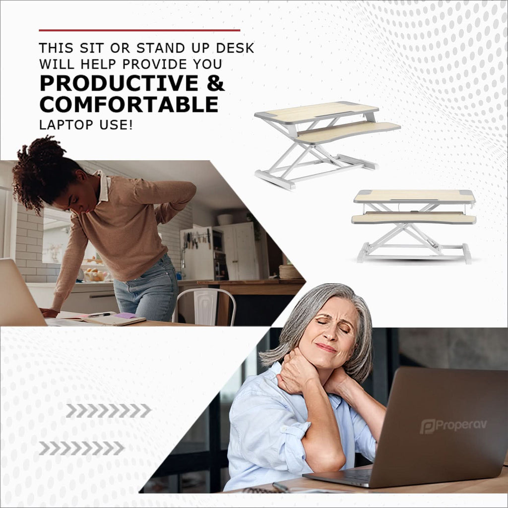 ProperAV Two Tier Stand Up Desk Converter Worktop with Gas Spring Lift & Variable Height Settings - White - TOYFACTORY