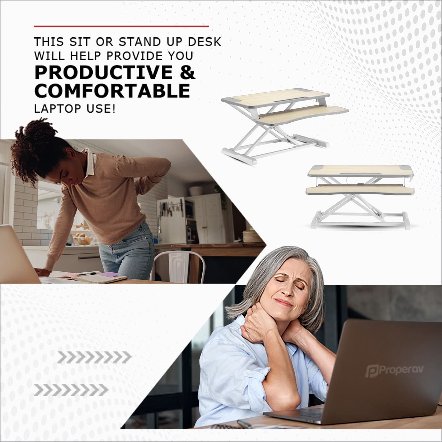 ProperAV Two Tier Stand Up Desk Converter Worktop with Gas Spring Lift & Variable Height Settings - White - TOYFACTORY