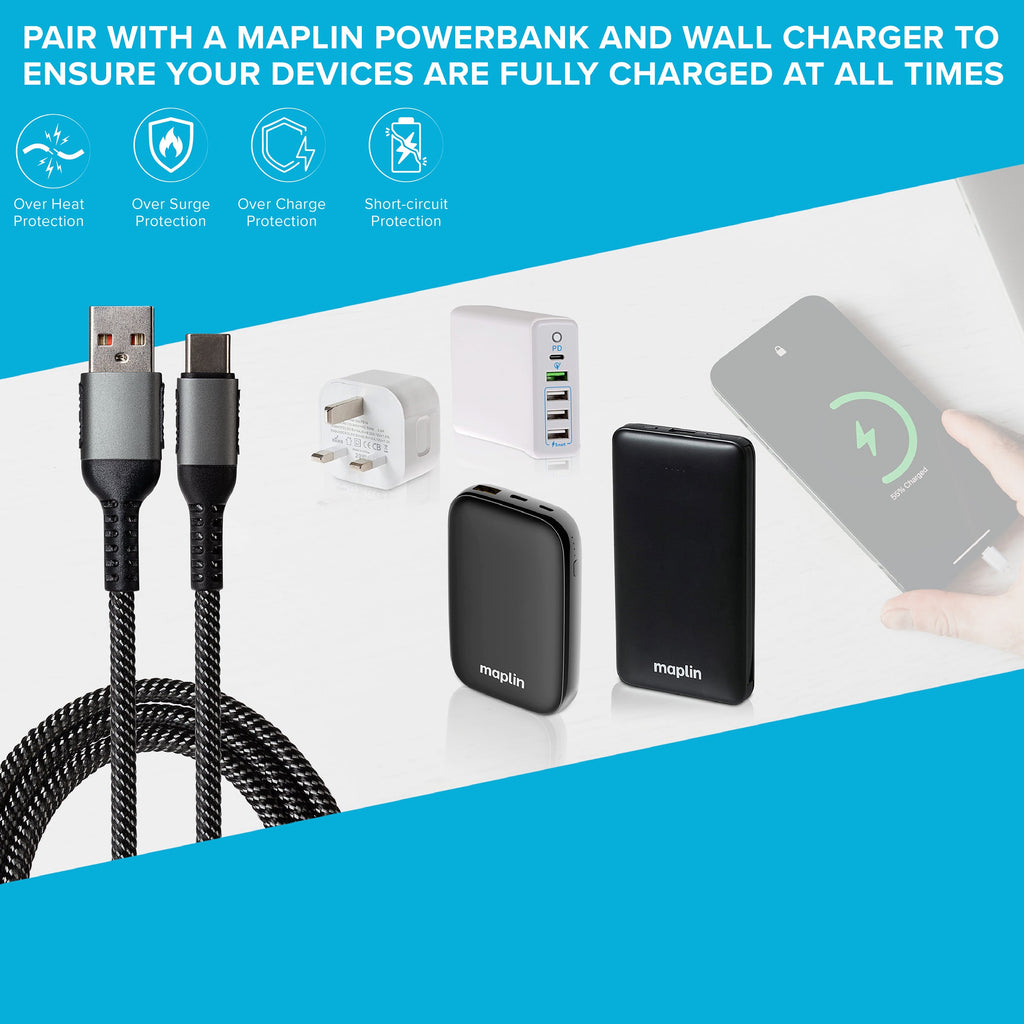 Maplin USB-C to USB-A 60W Braided Cable - Grey - TOYFACTORY