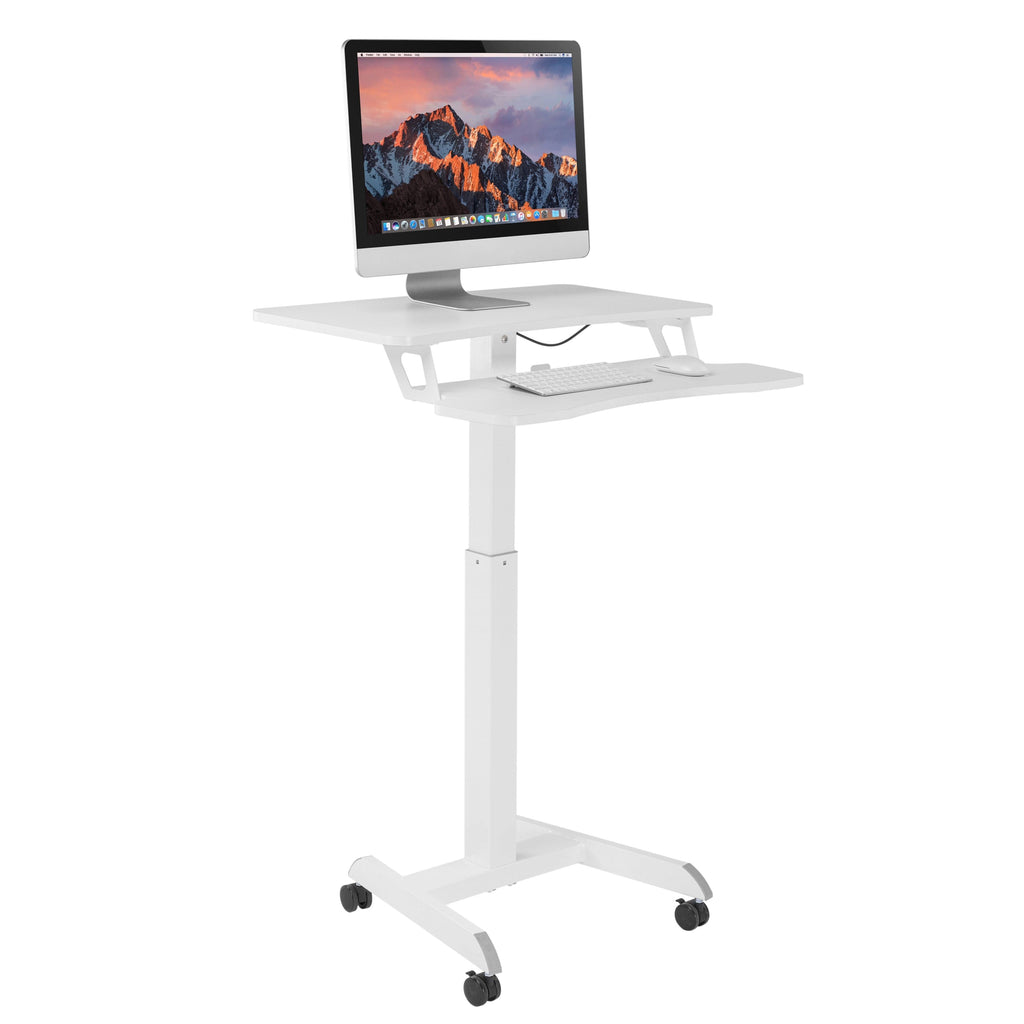 ProperAV Two Tier Mobile Desk Trolley Workstation with Gas Spring Height Adjustment - White - TOYFACTORY