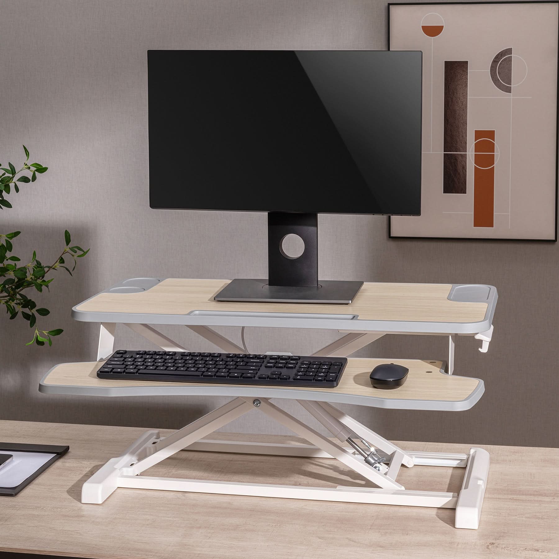 ProperAV Two Tier Stand Up Desk Converter Worktop with Gas Spring Lift & Variable Height Settings - White - TOYFACTORY