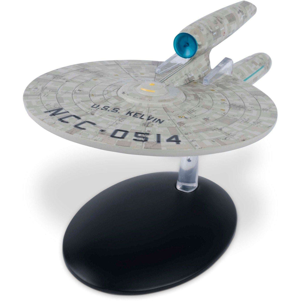Real Merch Star Trek Kelvin NCC-0514 die-cast ship figurine from Eaglemoss, detailed model of the classic starship.