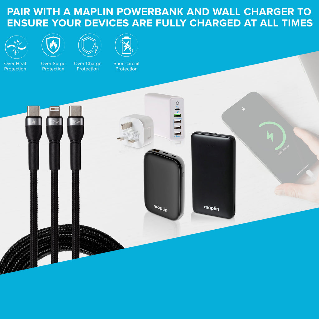 Maplin 2-in-1 USB-C to Multi-Charging USB-C 65W & Lightning 12W Braided Cable - TOYFACTORY