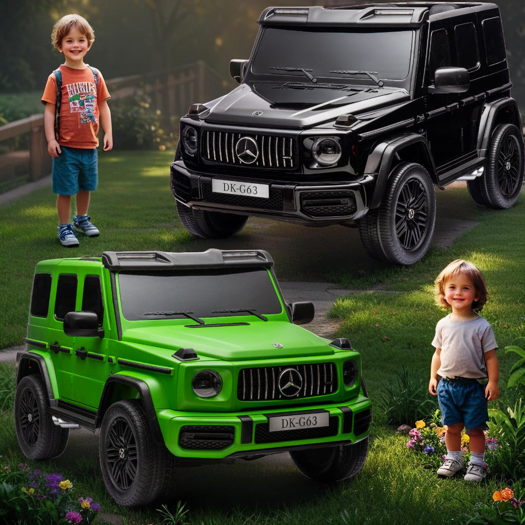 Large Mercedes G63 24V kids ride-on car in silver, featuring realistic details and spacious two-seater design by Electric Ride On Cars.
