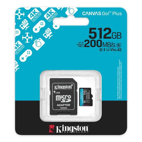 Kingston 512GB Canvas Go! Plus Micro SDXC Card, SD Adapter, UHS-I Class 10, U3, 200MB/s - TOYFACTORY