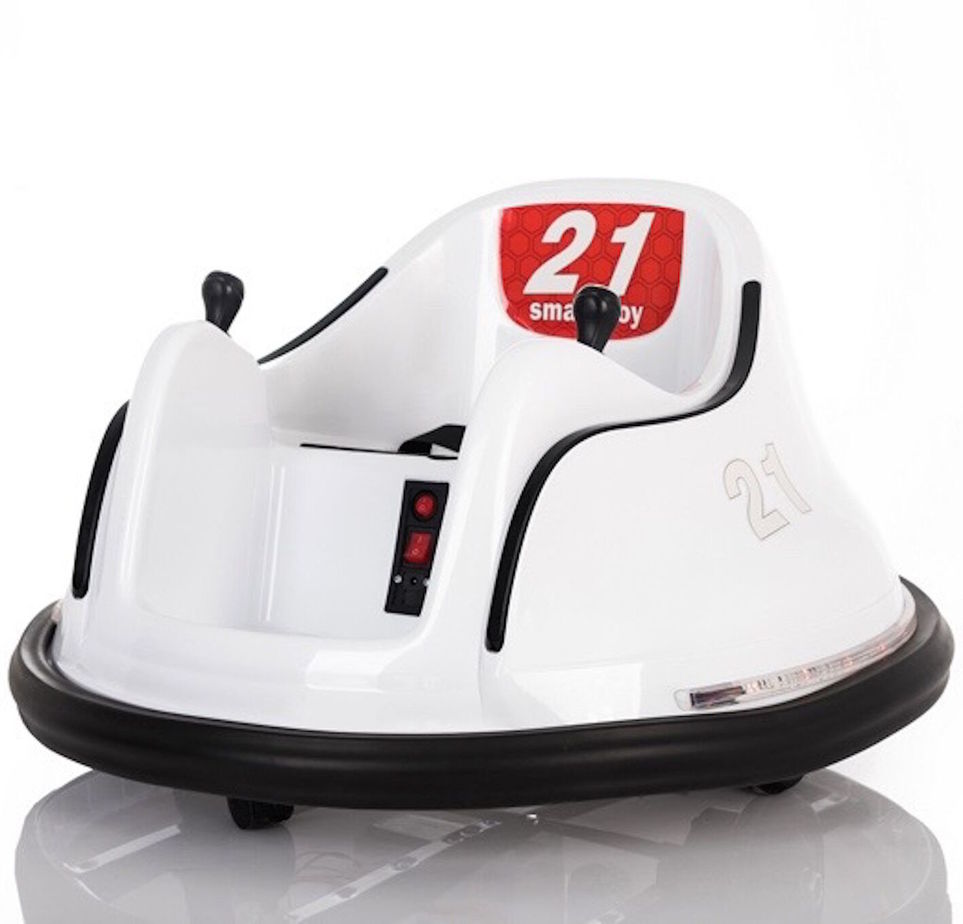 White kids ride-on Waltzer car by Electric Ride On Cars, featuring spinning amusement ride design for children.