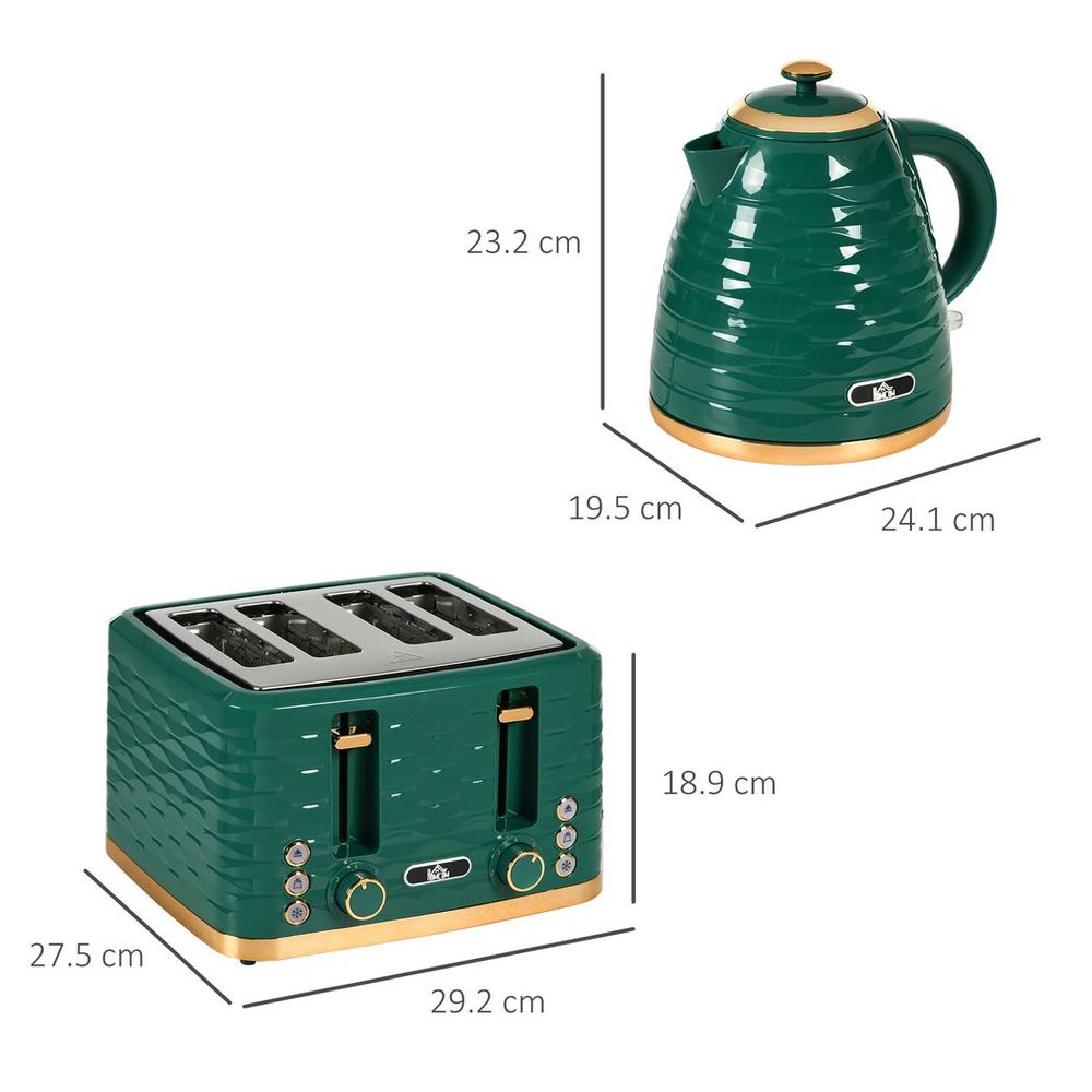HOMCOM Kettle and Toaster Set 1.7L Rapid Boil Kettle & 4 Slice Toaster Green - TOYFACTORY