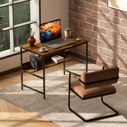 HOMCOM 2-Tier Writing Desk Metal Frame with Storage Shelf Rustic Brown
