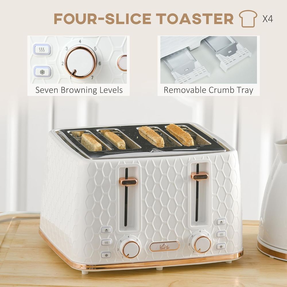 HOMCOM 1.7L Kettle and Toaster Set with Defrost, Reheat and Crumb Tray, White - TOYFACTORY