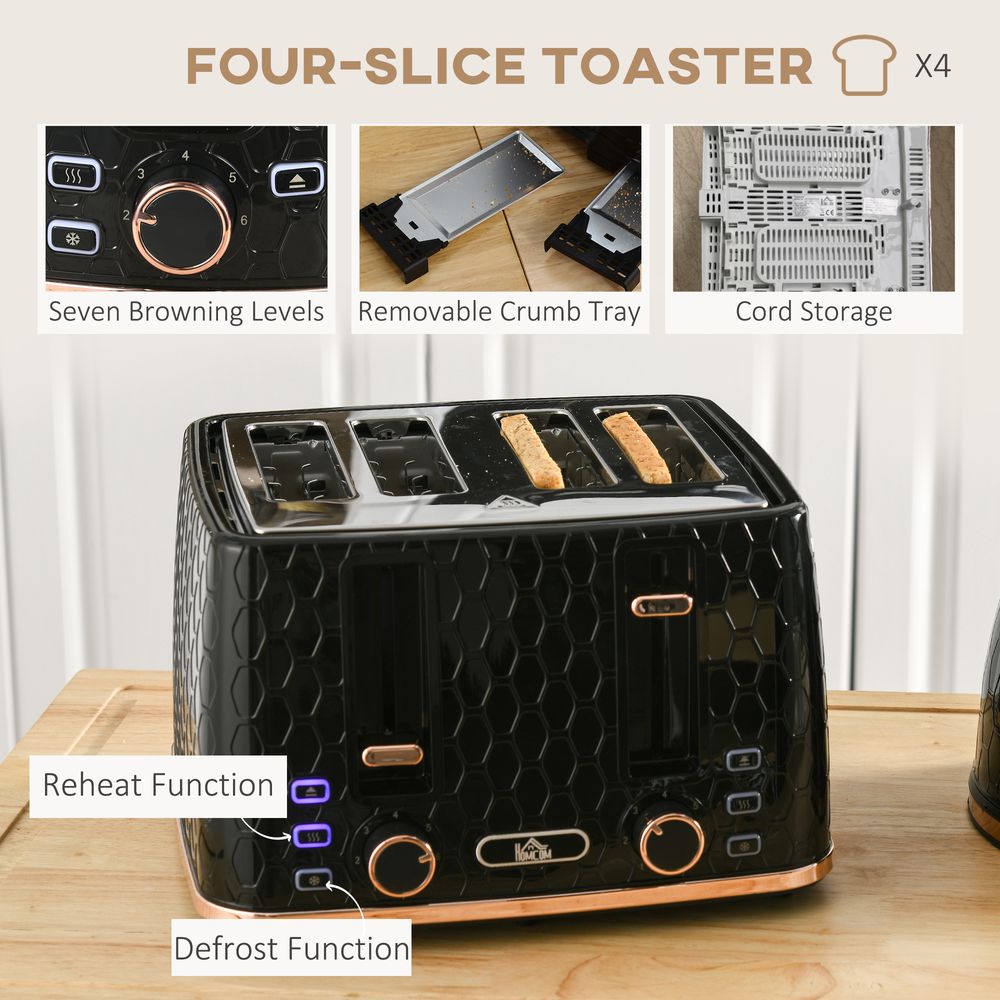 HOMCOM Kettle and Toaster Set 1.7L Fast Boil Kettle & 2 Slice Toaster Set Black - TOYFACTORY