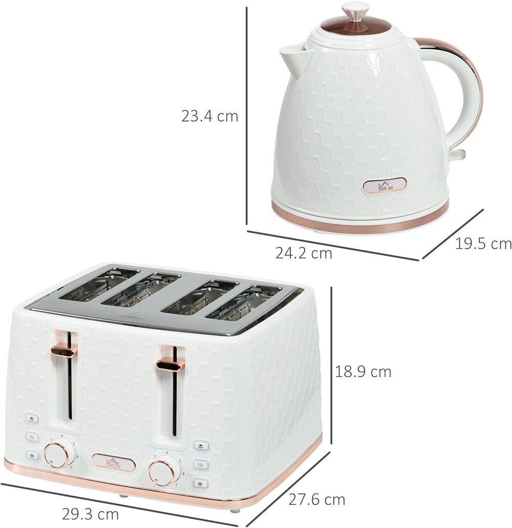 HOMCOM 1.7L Kettle and Toaster Set with Defrost, Reheat and Crumb Tray, White - TOYFACTORY