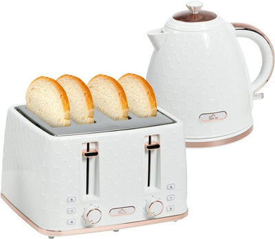 HOMCOM 1.7L Kettle and Toaster Set with Defrost, Reheat and Crumb Tray, White - TOYFACTORY