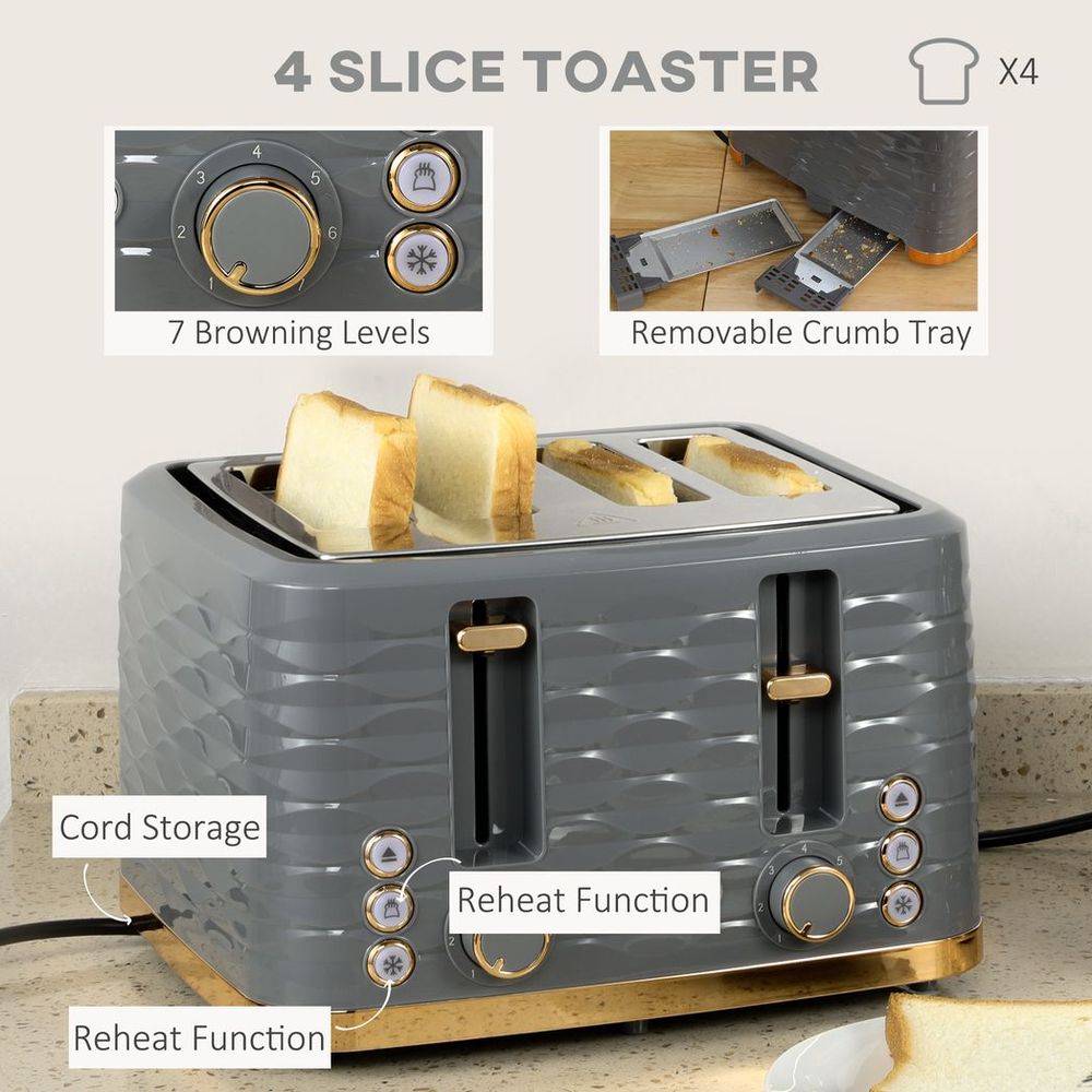 HOMCOM Grey Kettle & Toaster Set - 1.7L Rapid Boil, 4-Slice, Stylish Design - High Quality - TOYFACTORY
