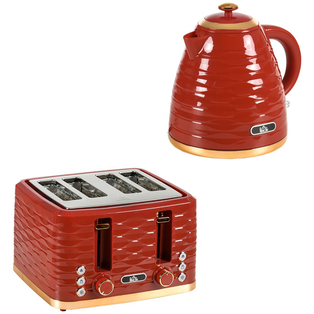 HOMCOM Kettle and Toaster Set 1.7L Rapid Boil Kettle & 4 Slice Toaster Red - TOYFACTORY