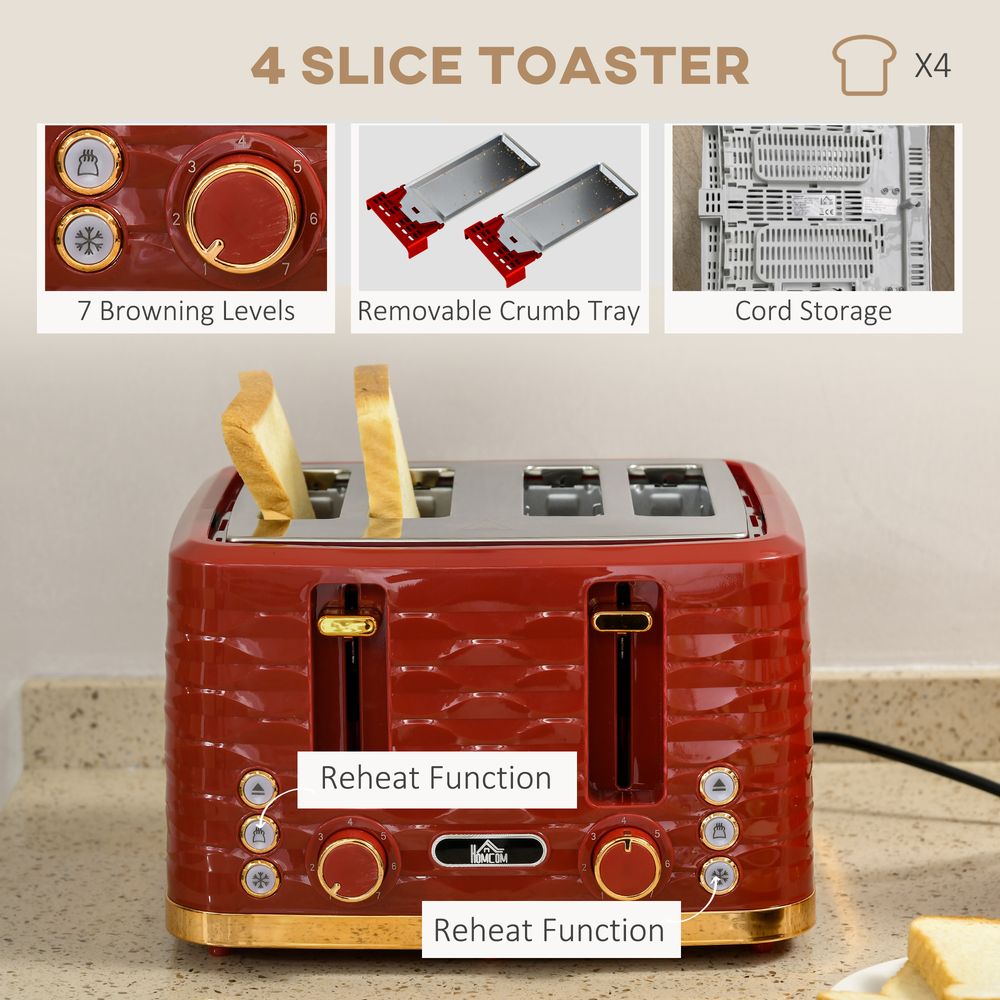 HOMCOM Kettle and Toaster Set 1.7L Rapid Boil Kettle & 4 Slice Toaster Red - TOYFACTORY