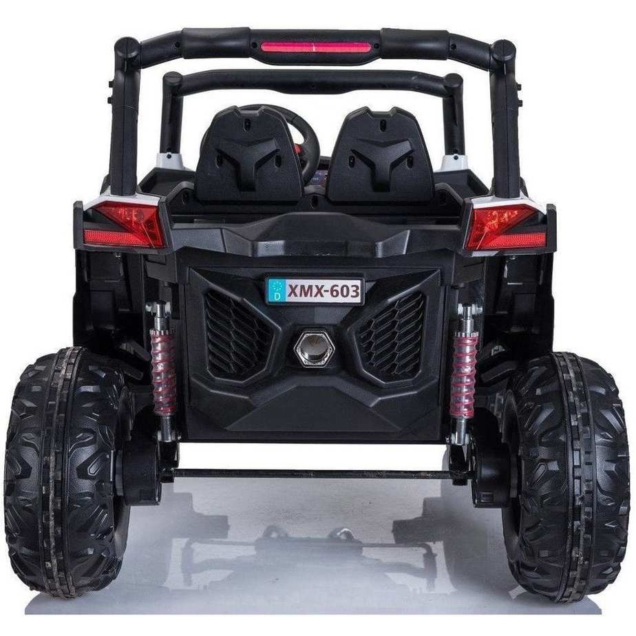 Black kids' 24V electric ride-on UTV quad with MP4 player, featuring rugged design and steering wheel for outdoor fun.