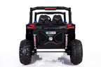 Blue kids' 24v electric ride-on UTV quad with MP4 player, branded Electric Ride On Cars, showing the toy vehicle with rugged design.
