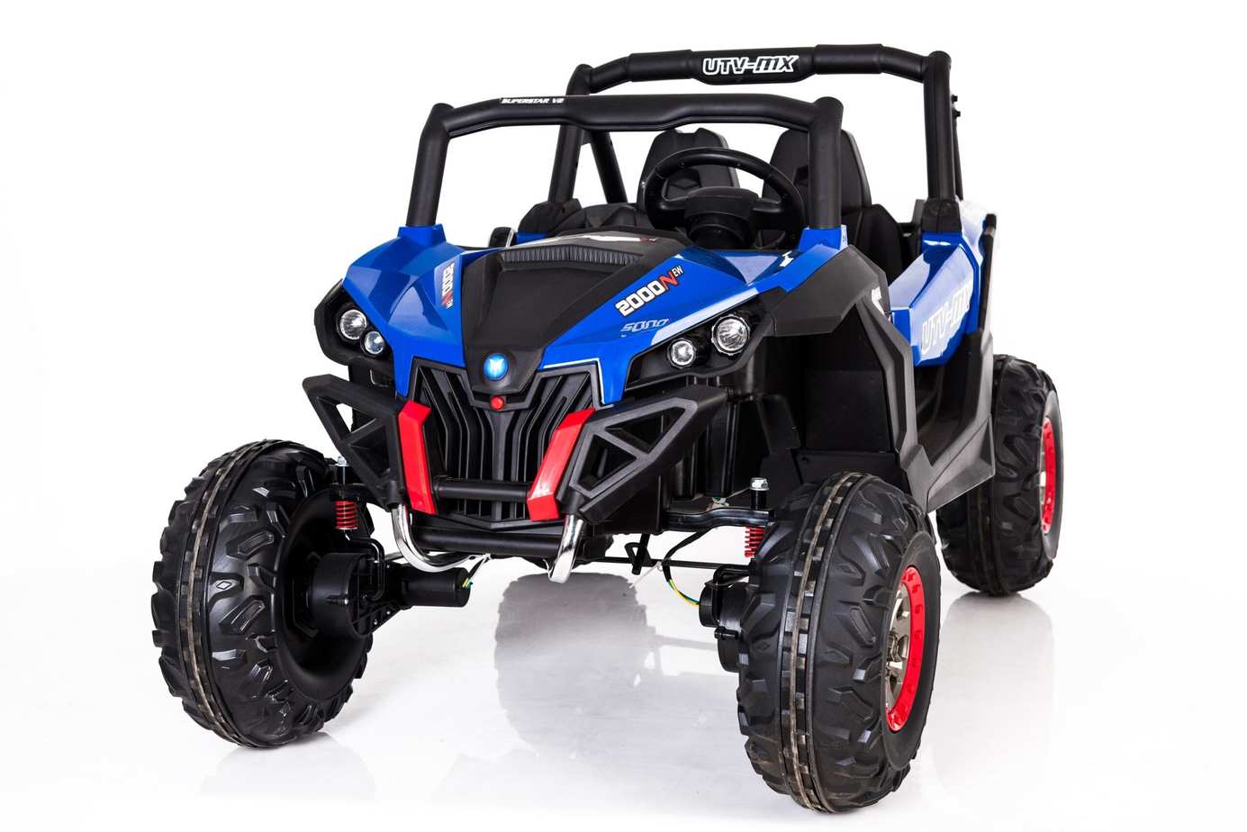 Blue Kids 24V Electric Ride-on UTV Quad by Electric Ride On Cars with MP4 player, featuring realistic details and sturdy build.