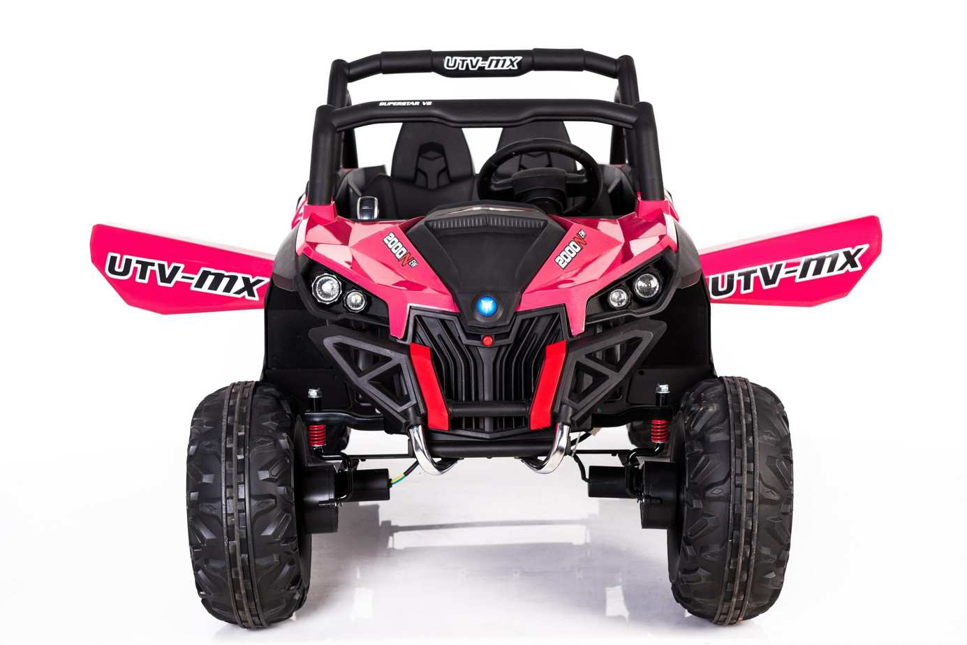 Pink kids' 24v electric ride-on UTV quad by Electric Ride On Cars with MP4 player, featuring rugged design and child-friendly controls.