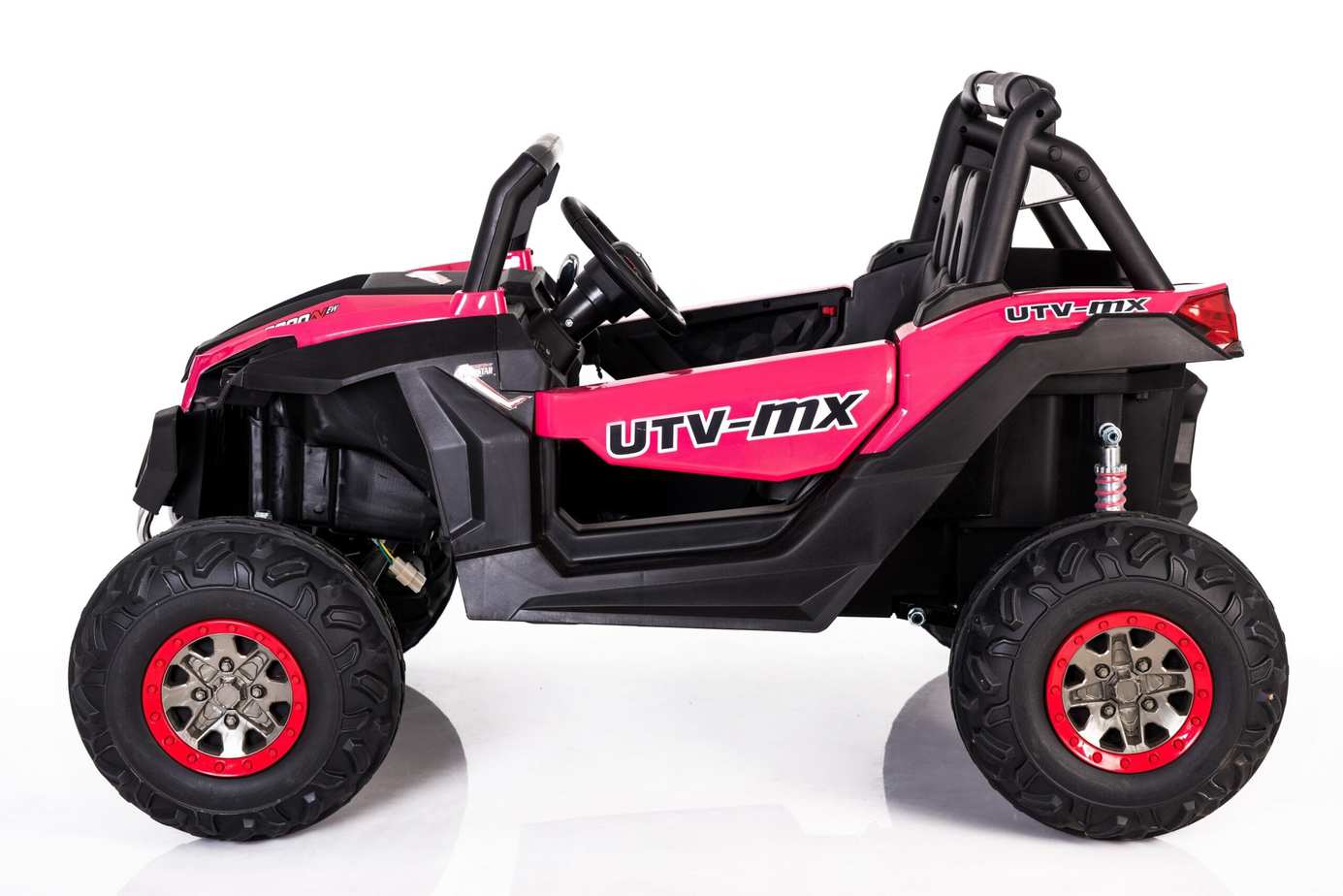 Pink kids' 24V electric ride-on UTV quad with MP4 player, branded Electric Ride On Cars, featuring realistic off-road design.
