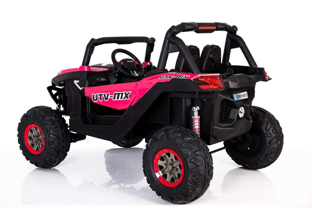 Pink kids' 24V electric ride-on UTV quad with MP4 player from Electric Ride On Cars, featuring rugged design and playful details.